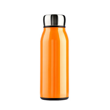 Orange insulated stainless steel water bottle with shiny metal cap isolated on transparent background (PNG)