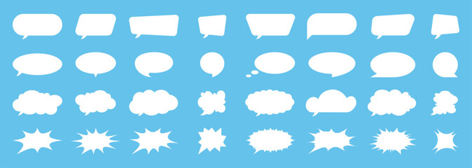 Obraz premium Collection of speech bubbles, text boxes, comic frames, cloud icons, stickers, and communication symbols. Includes explosion effects, splash shapes, and social media chat balloons in a playful doodle