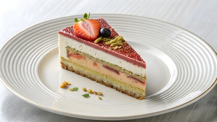 Strawberry Pistachio Entremets Slice on White Plate, Gourmet Cake Dessert