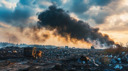 A large plume of smoke rising over a landfill scene