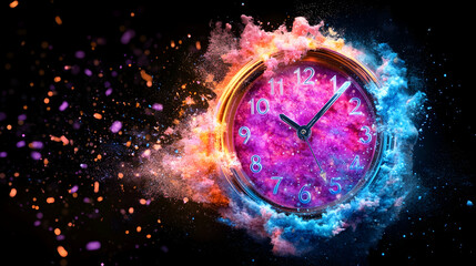 Exploding Clock, Colorful Dust, Dark Background