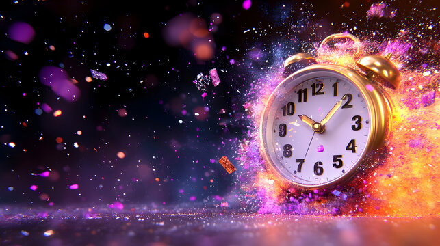 Exploding clock, midnight confetti