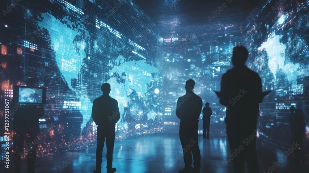 Poster people viewing global data on large screens in dark tech space, surrounded by digital information