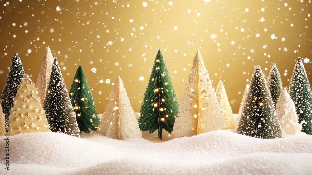 Aufkleber and keyword list based on the image.. snow falling on mini christmas trees in a snowdrift against go