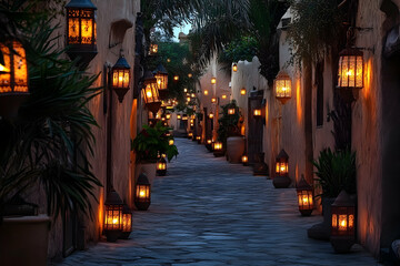 Fototapeta premium Serene evening street illuminated by glowing lanterns, surrounded by lush greenery and rustic architecture