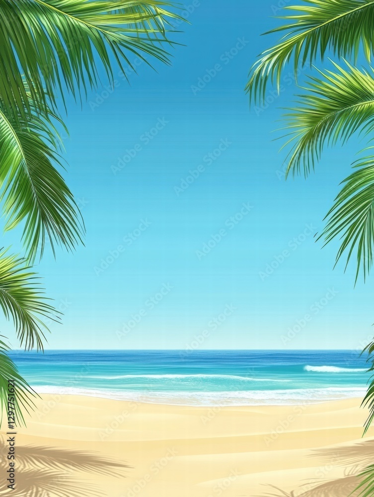 Poster relaxing beach view with palm trees framing a calm ocean under clear blue skies during a sunny day. 
