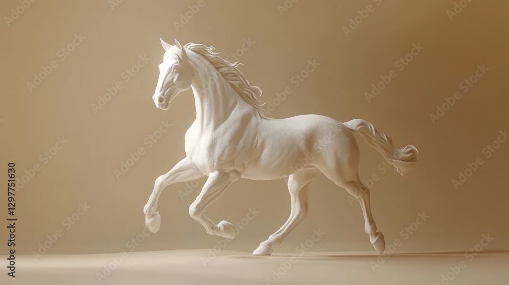 Poster White horse figurine gallops on beige surface, plain background, illuminated with side lighting