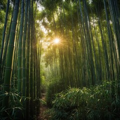 Fototapeta premium A Serene Bamboo Forest in the Early Morning – Describe the soft rustling of tall bamboo stalks in the breeze, with sunlight filtering through the dense green canopy, creating an ethereal glow.