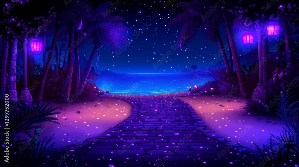 Poster mystical starry path illuminated by lanterns at dusk transporting viewer into a magical neon fantasy