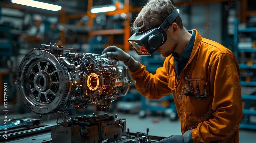 Poster technician using ar headset inspecting engine in workshop