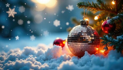 Obraz premium A disco ball nestled among snowflakes on a frosty windowpane, ornaments, festive decor