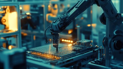 Fototapeta premium Robotic arm working on circuit board in factory with automated machinery and yellow lighting