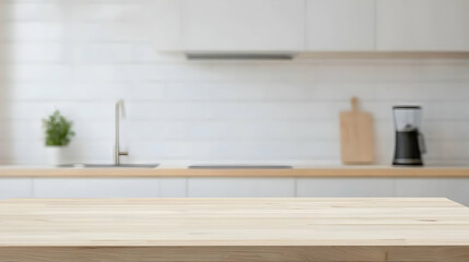 Empty Light Wooden Kitchen Countertop Surface In Modern Interior Design With Blurred Background