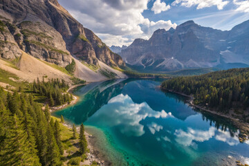 Breathtaking mountain lake reflecting clouds and trees in serene nature