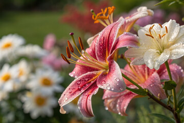 Fototapeta premium Beautiful pink and white lilies with dew drops in garden setting