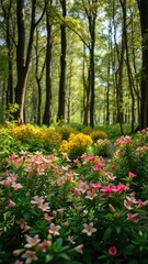 Fototapeta premium A serene forest retreat with blooming flowers, serene, calm