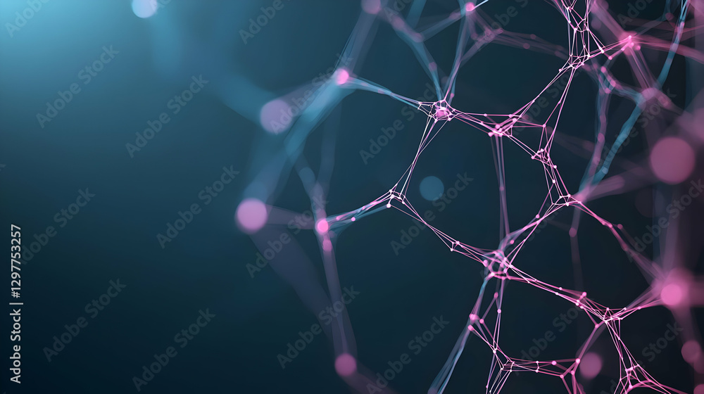 Poster abstract network structure with pink and blue connecting dots on blue background