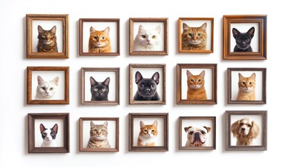 Cats & dogs posed in wooden frames on clean white background, gallery wall art, cute pets