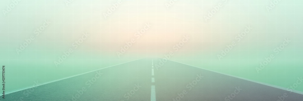 Poster foggy road stretching towards a hazy horizon at dawn in a tranquil landscape. generative ai