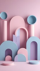 A modern abstract backdrop with pastel pink and blue geometric shapes, arches, and cylinders, creating a minimalist and elegant composition