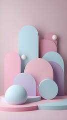 Fototapeta premium A modern abstract backdrop with pastel pink and blue geometric shapes, arches, and cylinders, creating a minimalist and elegant composition