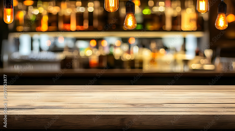 Poster empty wooden table in front of a blurred bar background with hanging lights