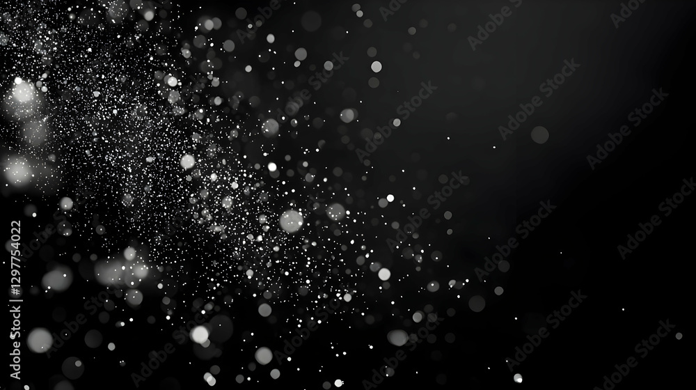 Poster abstract dark background with white bokeh glittering effect and particle overlay