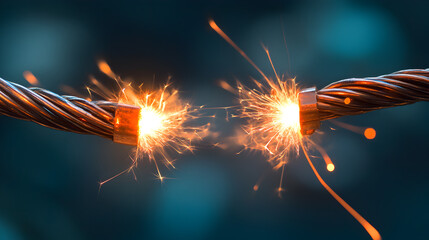 of electrical sparks igniting between two frayed copper wires in low light 