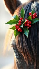 Naklejka premium A sprig of holly rests on the horse's mane with greenery and red berries shining brightly, holly leaves, holiday
