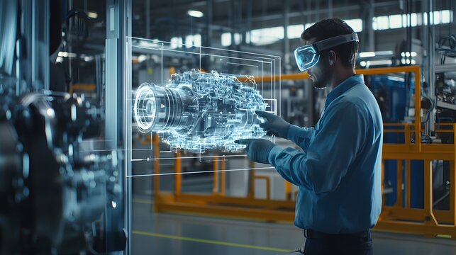 Industrial Engineer Using AR Smart Glasses to Inspect 3D Holographic Engine Model in Factory