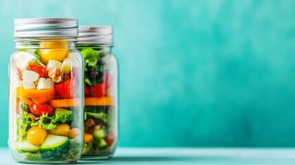 Colorful salad jars filled with fresh vegetables on a vibrant turquoise background