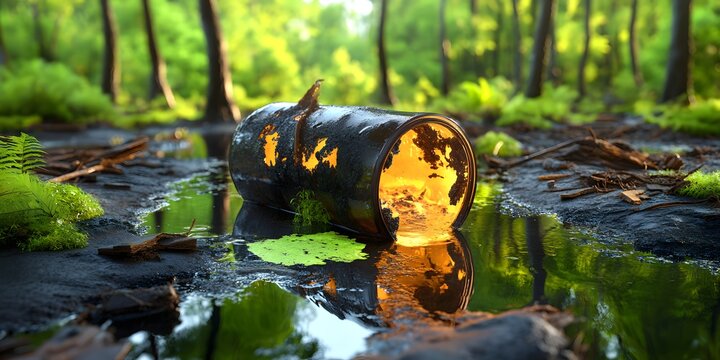 a polluted barrel lying in a contaminated puddle of water, highlighting environmental damage 