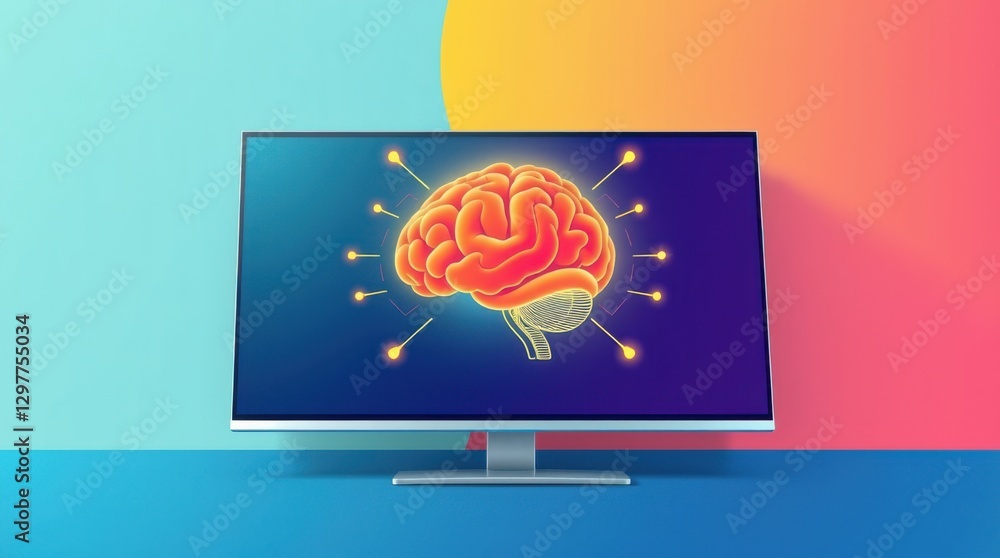 Poster brain display: a desktop monitor displaying a stylized human brain surrounded by neural connections.