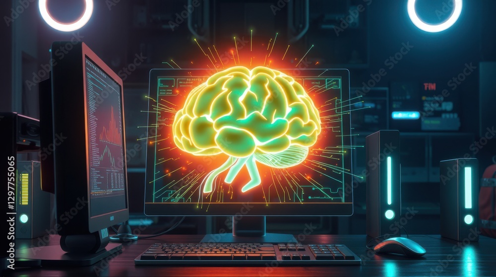 Poster glowing brain on a computer screen, representing artificial intelligence and technological advanceme