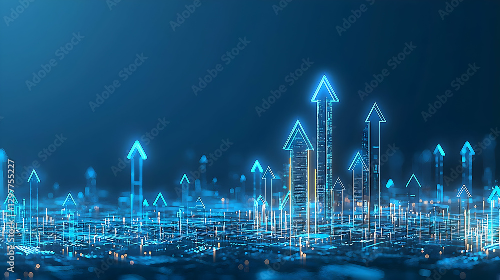 Poster digital blue pixel arrows representing growth and progress in abstract technology network