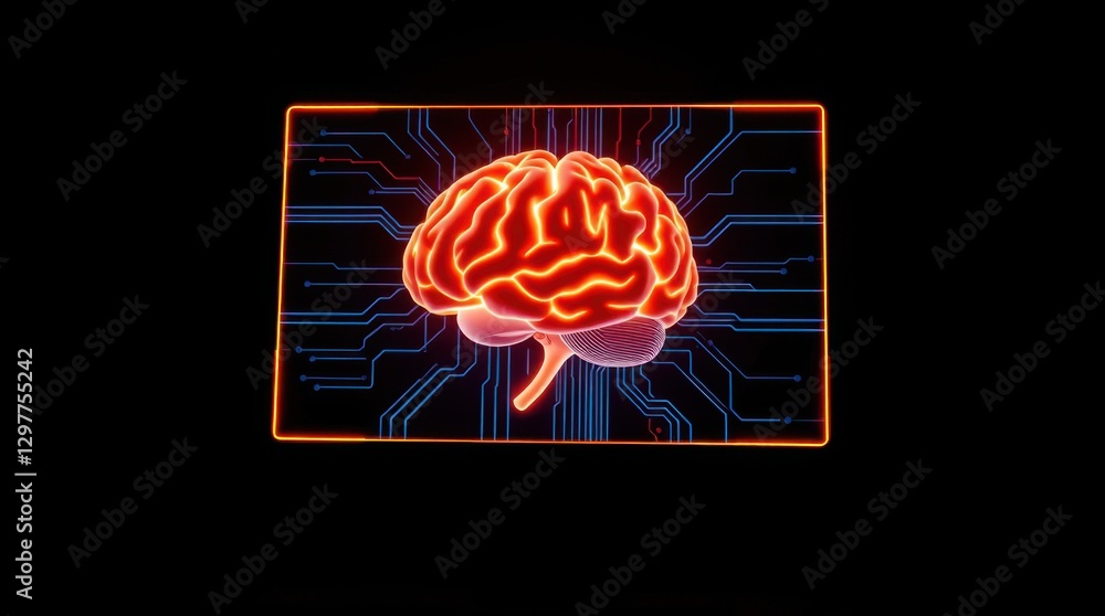 Poster artificial intelligence brain glowing orange against a circuit board background in a dark environmen