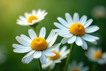 Chamomile flowers with soft, velvety textures, natural colors, botanical, floral, greenery