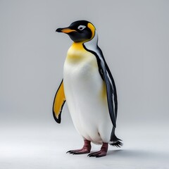 Fototapeta premium professionally lit photograph of a majestic Emperor Penguin standing upright in a stark, pure white isolation, showcasing its distinctive yellow patches on its chest, white belly, and sleek black bac