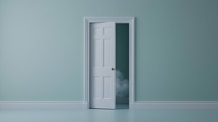 White Door Partially Open Revealing Dark Interior Against Pale Blue Wall