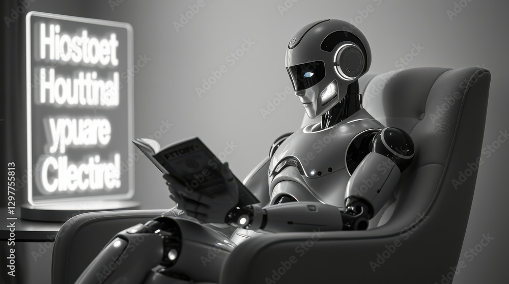 Poster relaxing robot engrossed in literature, illuminated by a glowing sign; monochromatic and serene sett