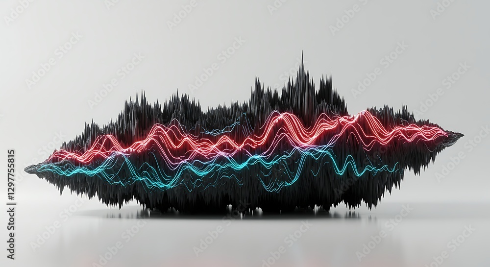 Poster abstract data visualization with glowing wavy lines over dark terrain