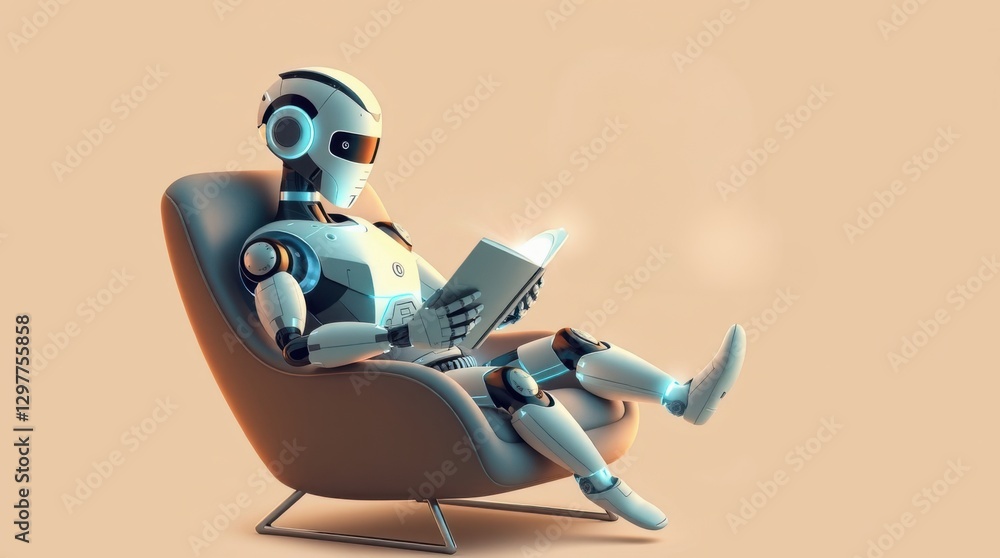 Poster robot relaxing in a chair reading a book. futuristic design with neutral background, concept of ai l