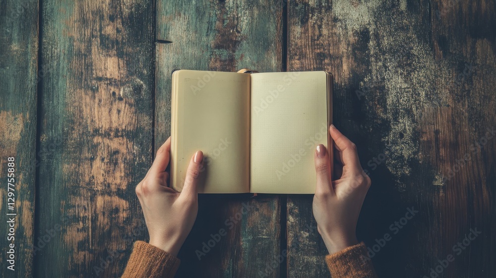 Poster hands holding open notebook on a rustic wooden surface