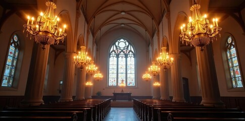 Fototapeta premium Chandeliers hang from the high ceiling of the chapel, church, chandelier