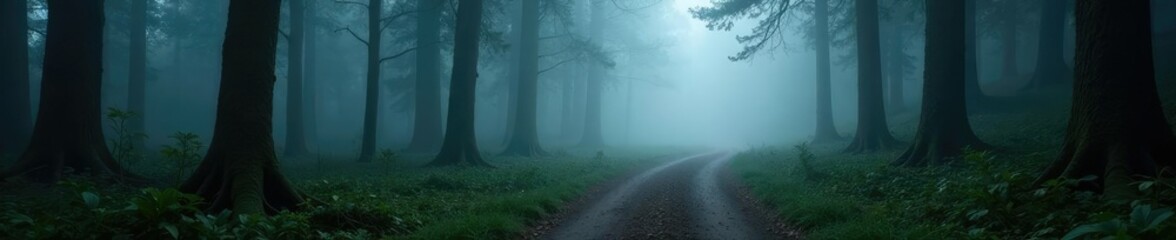 Fototapeta premium dense forest fog envelops a winding dirt path, solitude, mist, trees
