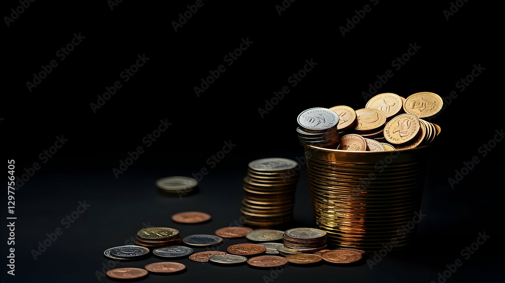 Poster golden container overflowing with various coins on a dark surface with scattered currency