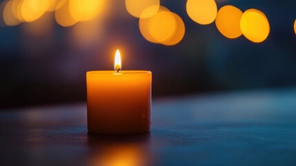 A single lighted yellow candle emits light in darkness