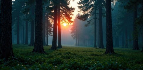 Dense forest with tall trees and underbrush at dusk, nature, landscape