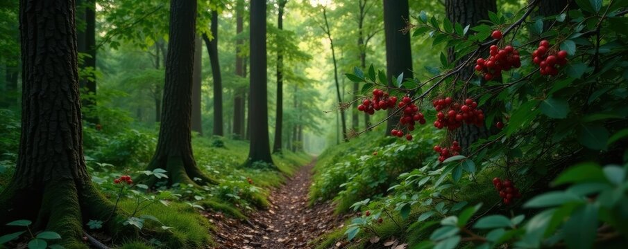 Dense forest with red berries of Taxus baccata, coniferous tree, nature