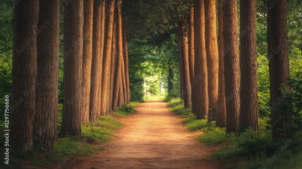 Poster a path winding through a dense forest of tall trees